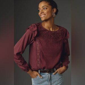 Anthropologie TINY Maroon Lace Accent Blouse